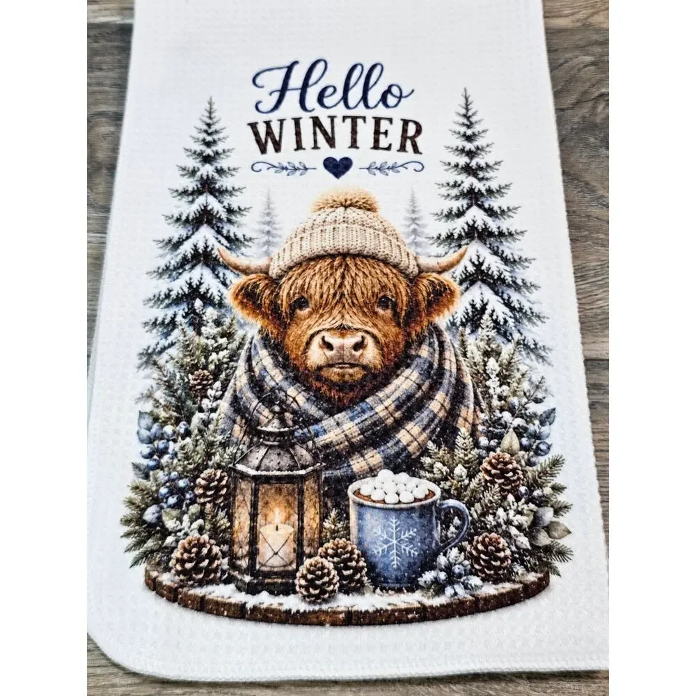 Hello Winter Highland Cow Kitchen Towel Snowy Farmhouse Winter Decor
